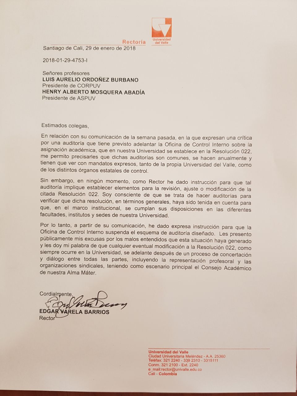 Respuesta del Rector a inquietudes de profesores