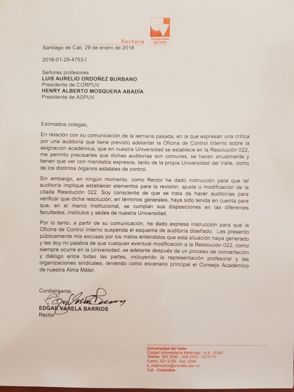 Respuesta del Rector a presidentes de CORPUV y ASPUV