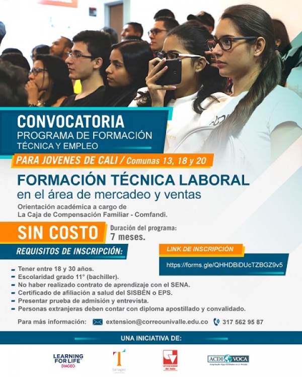 Participa en la convocatoria del programa &ldquo;Formaci&oacute;n t&eacute;cnica y empleo para j&oacute;venes de Cali&rdquo;
